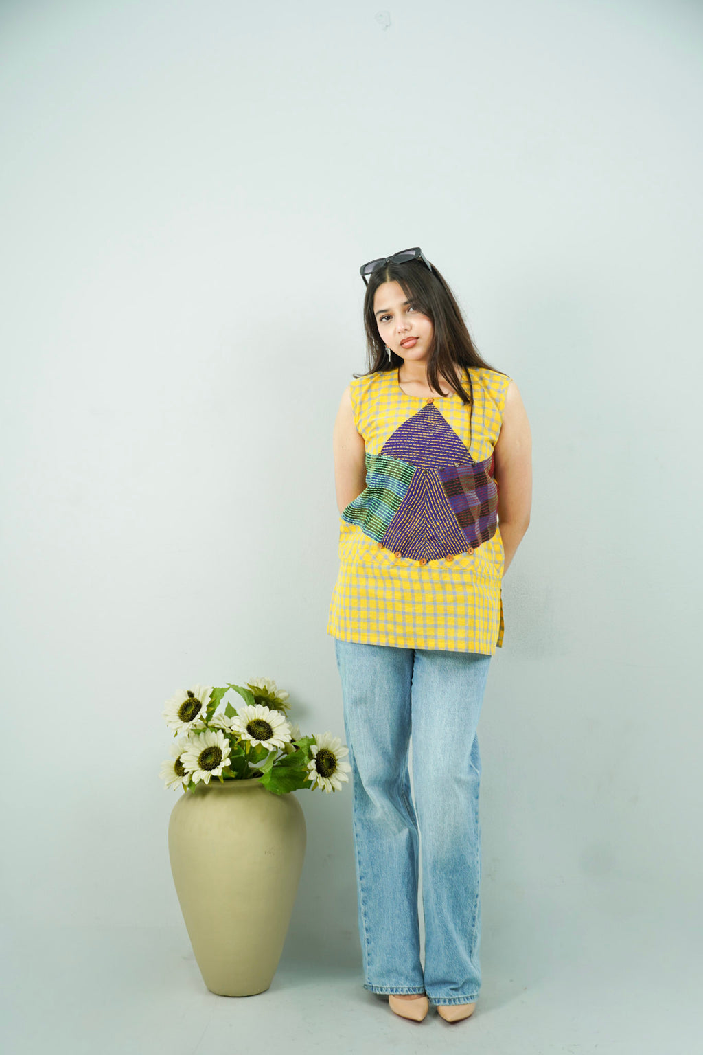 Yellow Check Patchwork Tunic Top