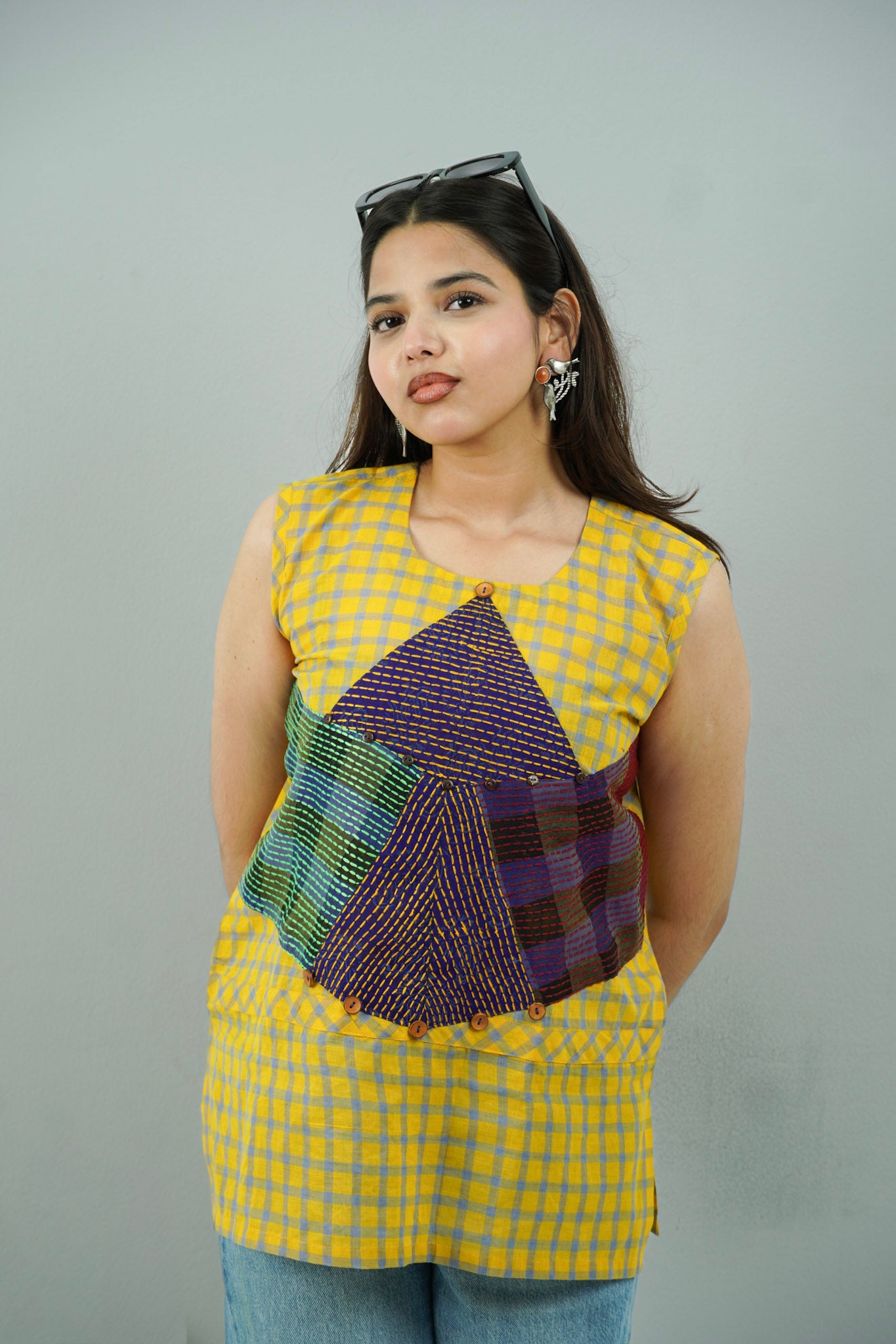 Yellow Check Patchwork Tunic Top